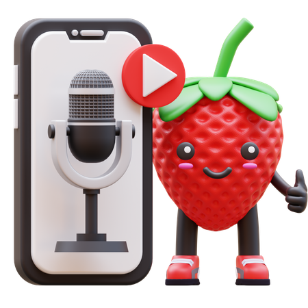 Cute Strawberry Promoting Podcast On Smartphone Screen  3D Illustration