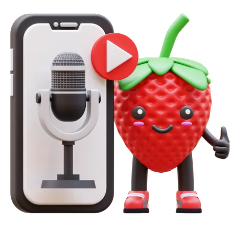 Cute Strawberry Promoting Podcast On Smartphone Screen  3D Illustration