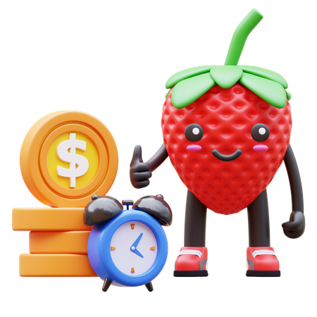 Cute Strawberry Showing Thumbs Up With Coins Clock  3D Illustration