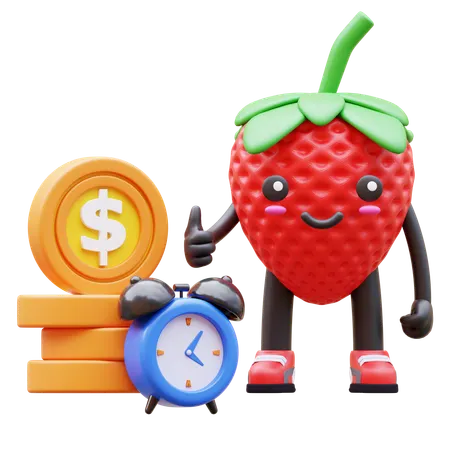 Cute Strawberry Showing Thumbs Up With Coins Clock  3D Illustration