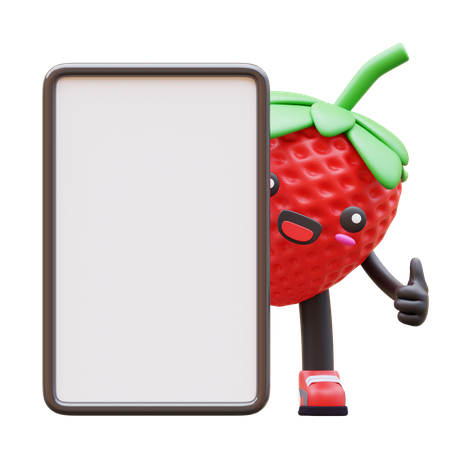 Cute Strawberry Standing Next To Blank White Board  3D Illustration