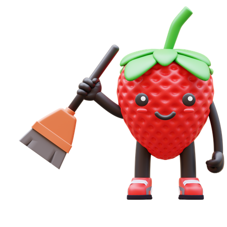 Cute Strawberry Standing With Broom  3D Illustration