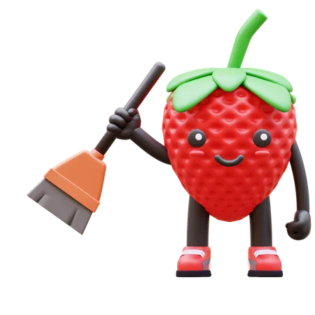 Cute Strawberry Standing With Broom  3D Illustration