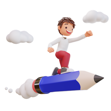 Cute Student Flying On Pencil  3D Icon
