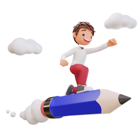 Cute Student Flying On Pencil  3D Illustration