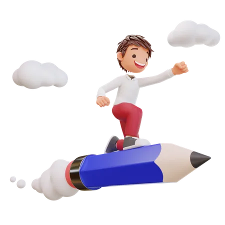 Cute Student Flying On Pencil  3D Illustration