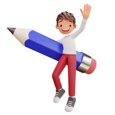 Cute Student Flying With Pencil  3D Illustration