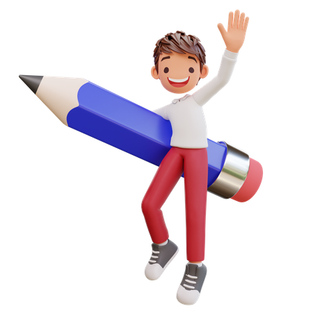 Cute Student Flying With Pencil  3D Illustration