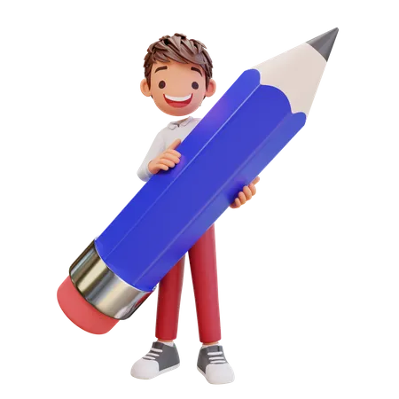 Cute Student Holding Pencil  3D Illustration