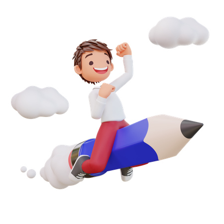 Cute Student Riding A Pencil  3D Icon
