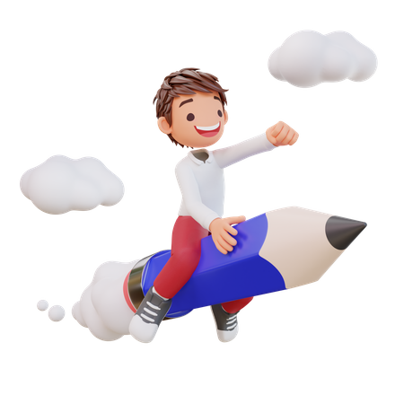 Cute Student Riding A Pencil  3D Icon