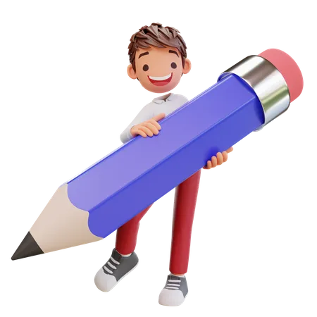 Cute Student Character Holding A Pencil 3D Illustration