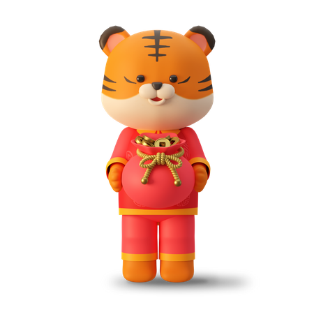 Cute tiger holding Chinese money bag  3D Illustration