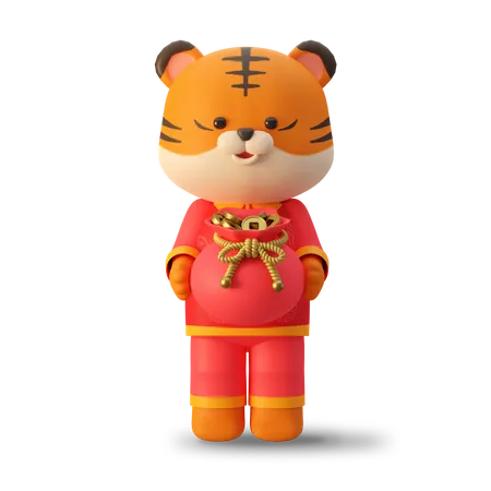 Cute tiger holding Chinese money bag  3D Illustration