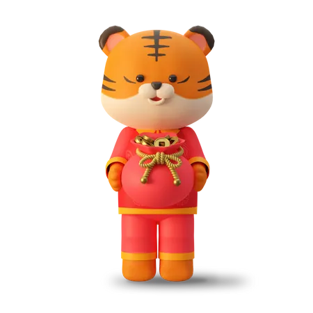 Cute tiger holding Chinese money bag 3D Illustration