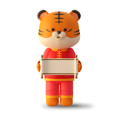 Cute tiger holding Chinese scroll 3D Illustration