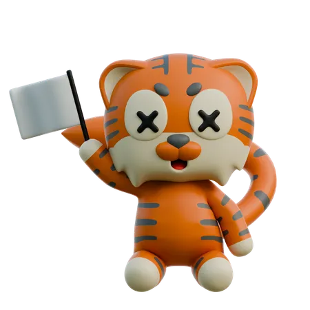 Cute Tiger Holding Flag  3D Illustration