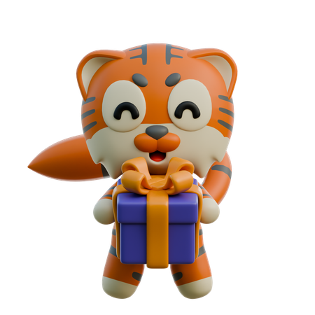 ギフトボックスを持ったかわいいトラ  3D Illustration