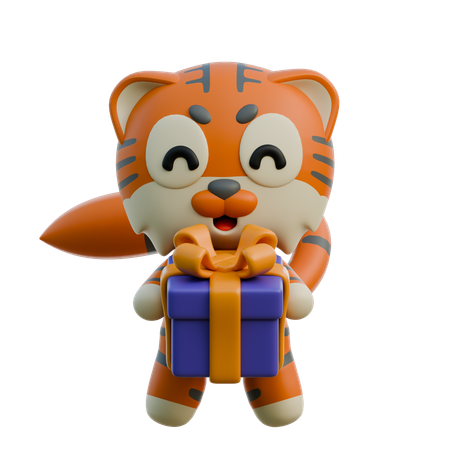 Cute Tiger Holding Gift Box  3D Illustration