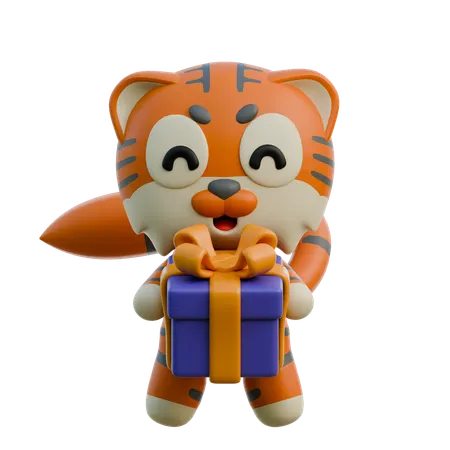 Cute Tiger Holding Gift Box  3D Illustration