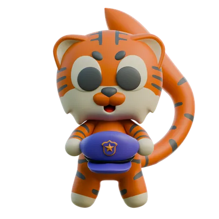 Cute Tiger Holding Police Cap  3D Illustration