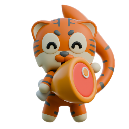 Cute Tiger Holding Pork  3D Illustration