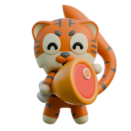 Cute Tiger Holding Pork  3D Illustration