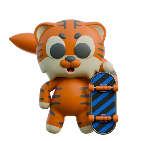 Cute Tiger Holding Skateboard  3D Illustration