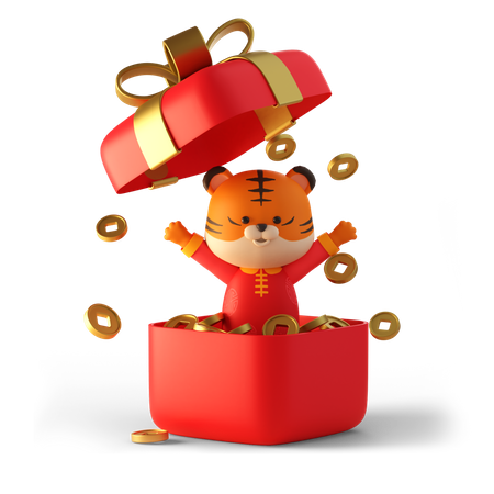 Cute tiger in red gift box of full of Chinese coin  3D Illustration