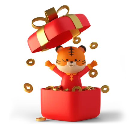 Cute tiger in red gift box of full of Chinese coin  3D Illustration