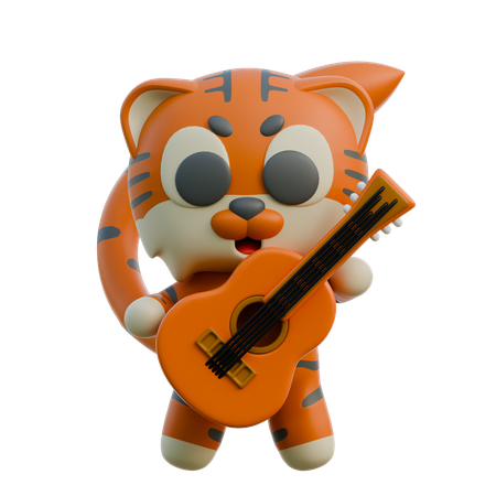 Cute Tiger Playing Guitar  3D Illustration