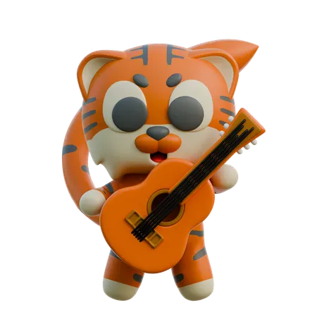 Cute Tiger Playing Guitar  3D Illustration