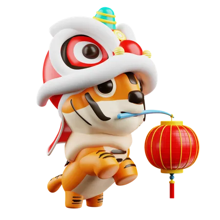 Cute Tiger With Lantern  3D Illustration