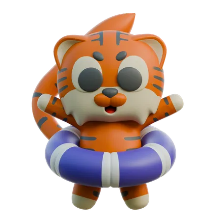 Cute Tiger With Swimming Ring  3D Illustration