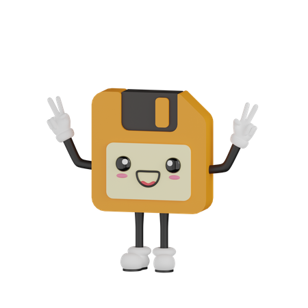 Cute Victory Floppy Disk Character  3D Illustration