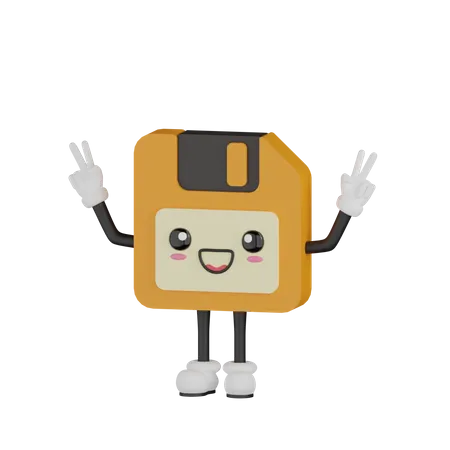 Cute Victory Floppy Disk Character  3D Illustration