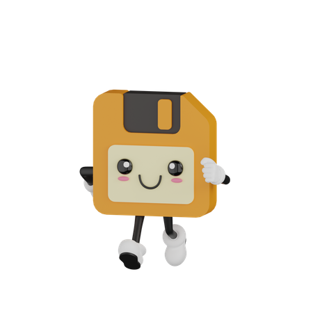 Cute Walking Floppy Disk Character  3D Illustration