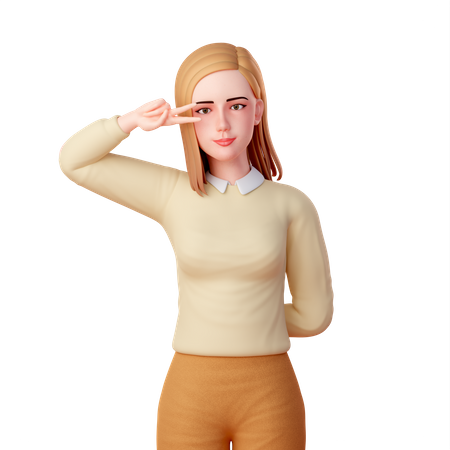 Cute Woman Making a Peace Sign Near Her Eye  3D Icon