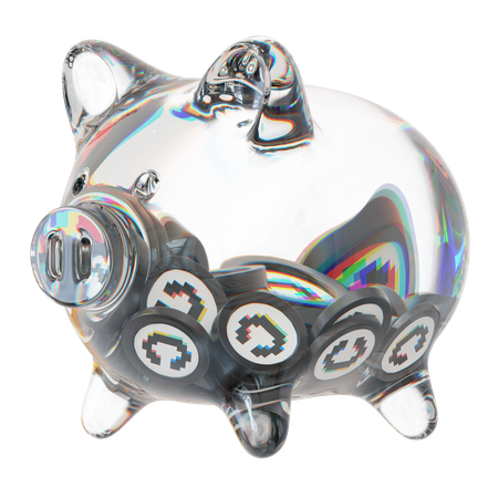 Cvx-Sparschwein aus klarem Glas mit abnehmendem Stapel an Kryptomünzen  3D Icon