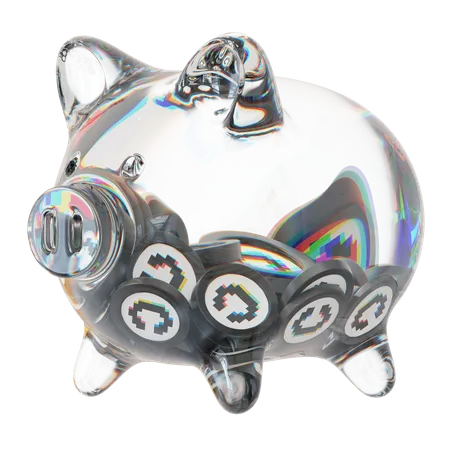 Cvx-Sparschwein aus klarem Glas mit abnehmendem Stapel an Kryptomünzen  3D Icon