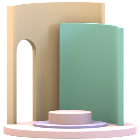 Cylinder Podium With Double Curved Backdrops  3D Illustration