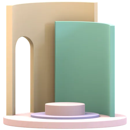 Cylinder Podium With Double Curved Backdrops  3D Illustration