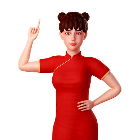 Dama china apuntando hacia arriba con su mano derecha  3D Illustration