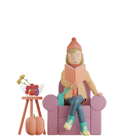 Una Nina Esta Leyendo Un Libro En El Sofa 3D Illustration