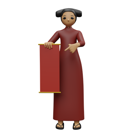 Dame chinoise montrant une bannière chinoise  3D Illustration