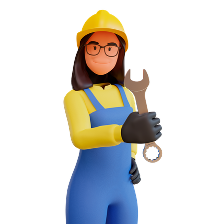 Dame, ouvrier construction, tenue, clé  3D Illustration