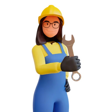 Dame, ouvrier construction, tenue, clé  3D Illustration