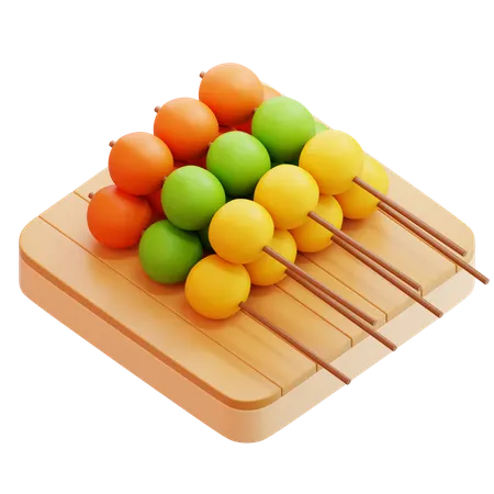 Dango Skewers On Wooden Plate  3D Icon