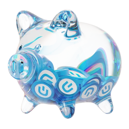 Dash-Sparschwein aus klarem Glas mit abnehmendem Stapel an Kryptomünzen  3D Icon