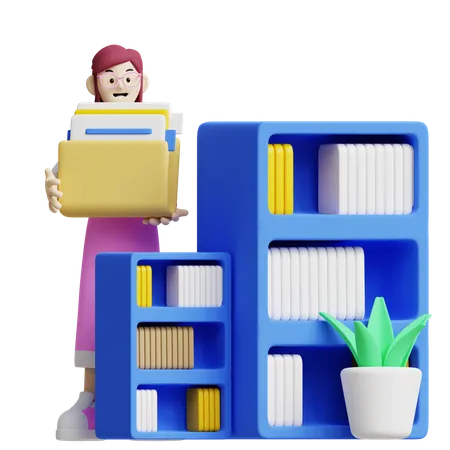 This 3 D Icon Shows A Person Organizing Data With File Storage Shelves Suitable For Illustrating Data Management And Office Organization Tasks 3D Illustration